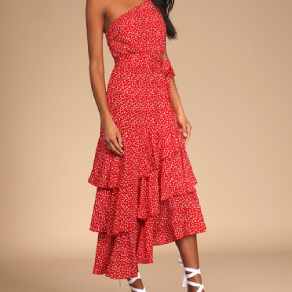 Red Floral Print One-Shoulder Midi Dress